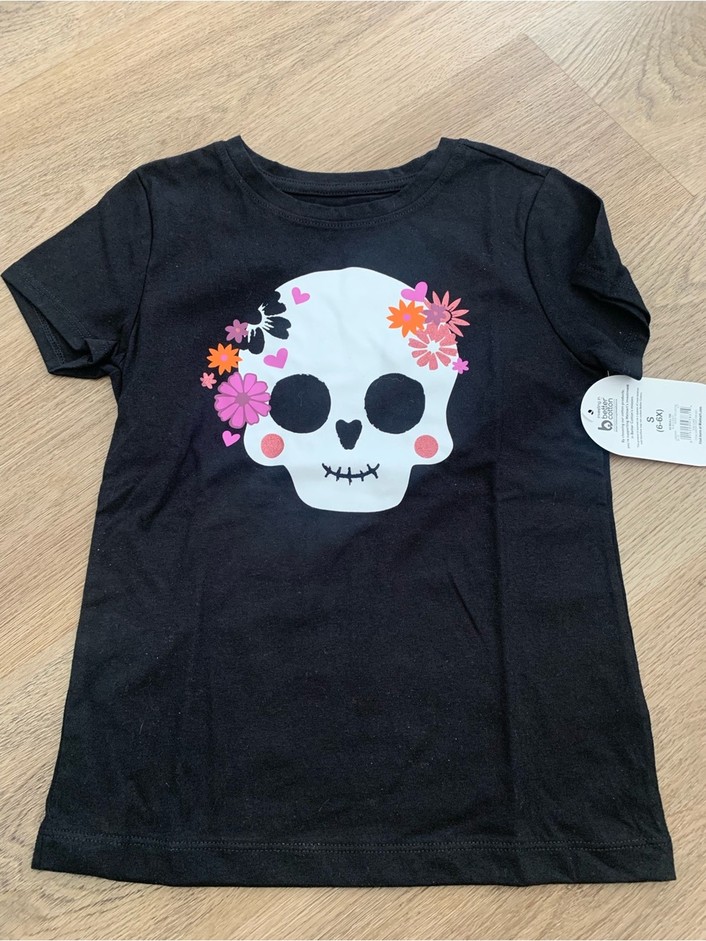 wonder nation Black Tee with White Skull and Pink & Orange Flowers